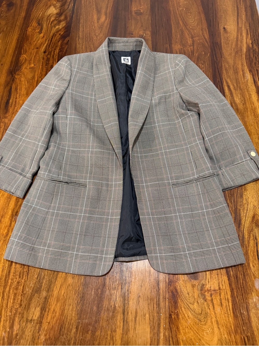 Anne Klein Gray Windowpane Plaid Blazer S Burgundy Accent Longline Fall